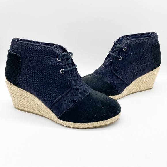 Toms-Black Fabric and Suede Espadrille lace up Wedge 8 - Picture 2 of 9
